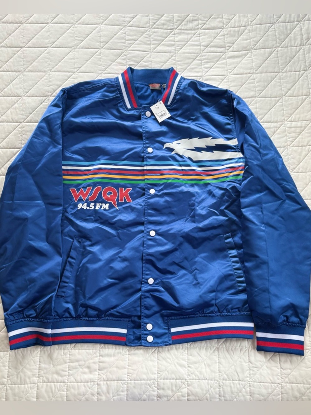NWT Stranger Things 94.5 FM WSQK Satin Bomber Jacket - Retro Style Men’s Large
